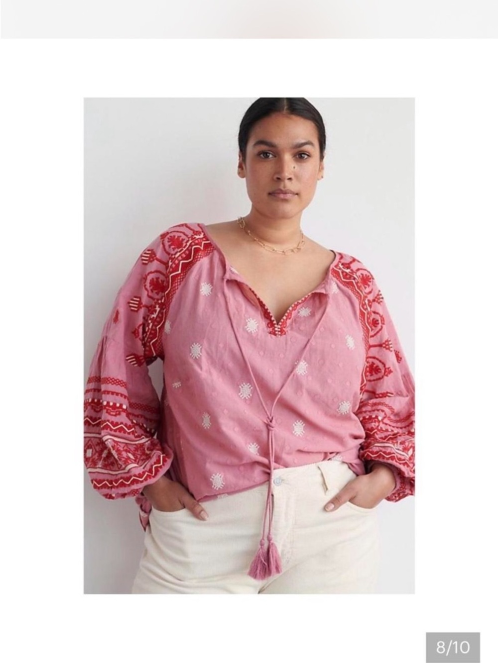 Anthro Pink Embroidered Peasant Blouse with Tassel Tie